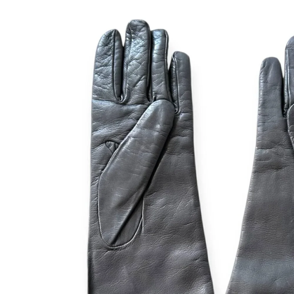 New Sermoneta Kid Leather Cashmere Lined Gloves, Medium‎ Length, Gray, size 7.5